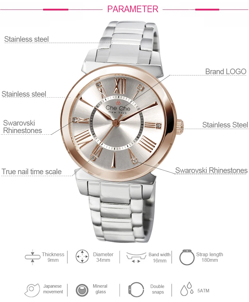 CheChe ladies watch fashion thin Roman numerals light luxury temperament elegant Sliver watches with gift boxes CC005