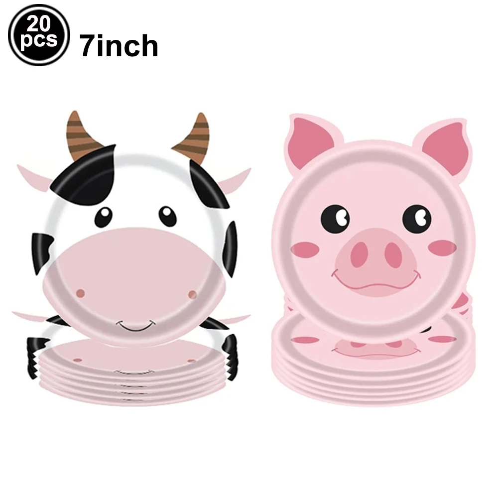 20pcs Farm Cow Party Disposable Plates Barnyard Animals Birthday Cute Pig Cow Sheep Horse Dessert Plate Farm Animals Party Decor