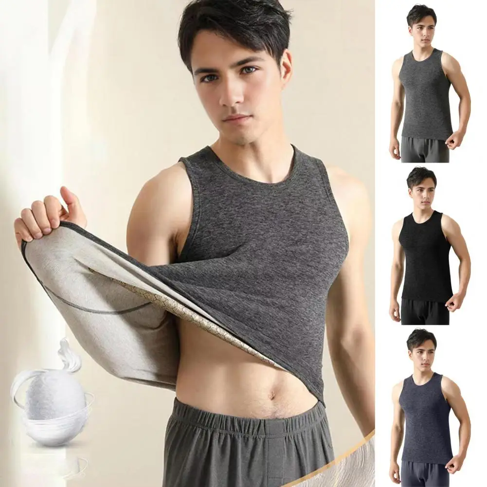 High Elasticity Vest Men's Sleeveless Thermal Vest with Plush Lining Slim Fit Round Neck Pullover Top for Winter for Extra