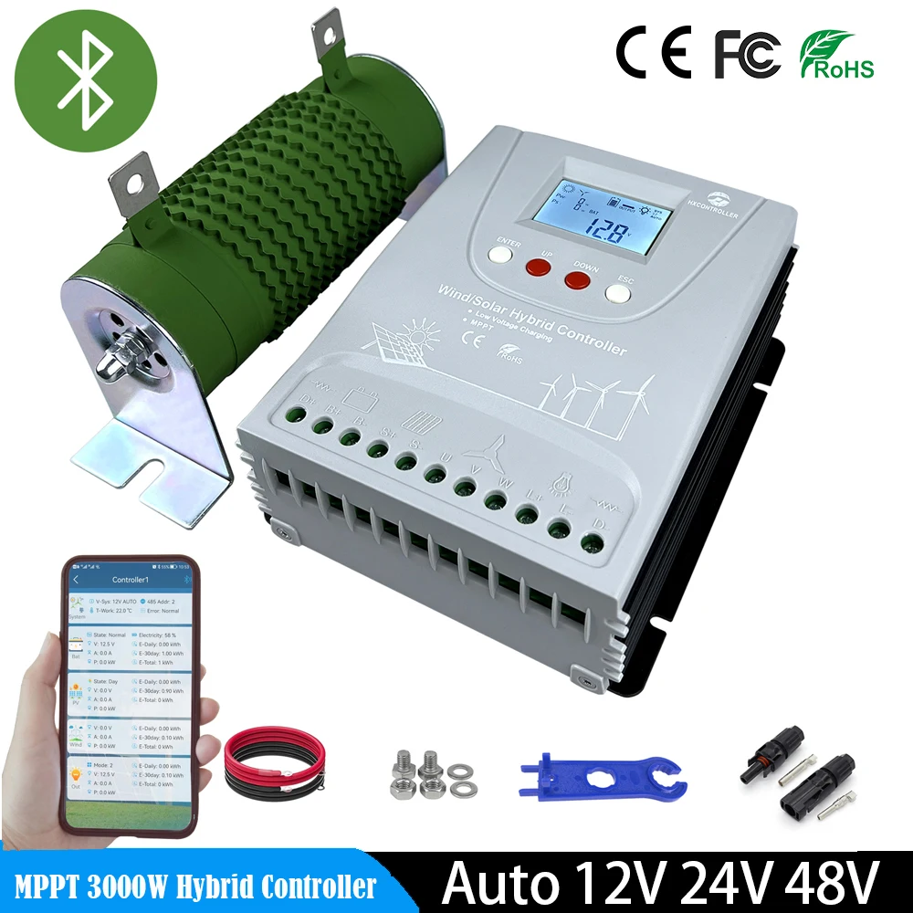 3000W 12V 24V 48V Hybrid Wind Solar Charge Controller Solar Panel Wind Turbine MPPT Board Battery Charging Regulator Bluetooth