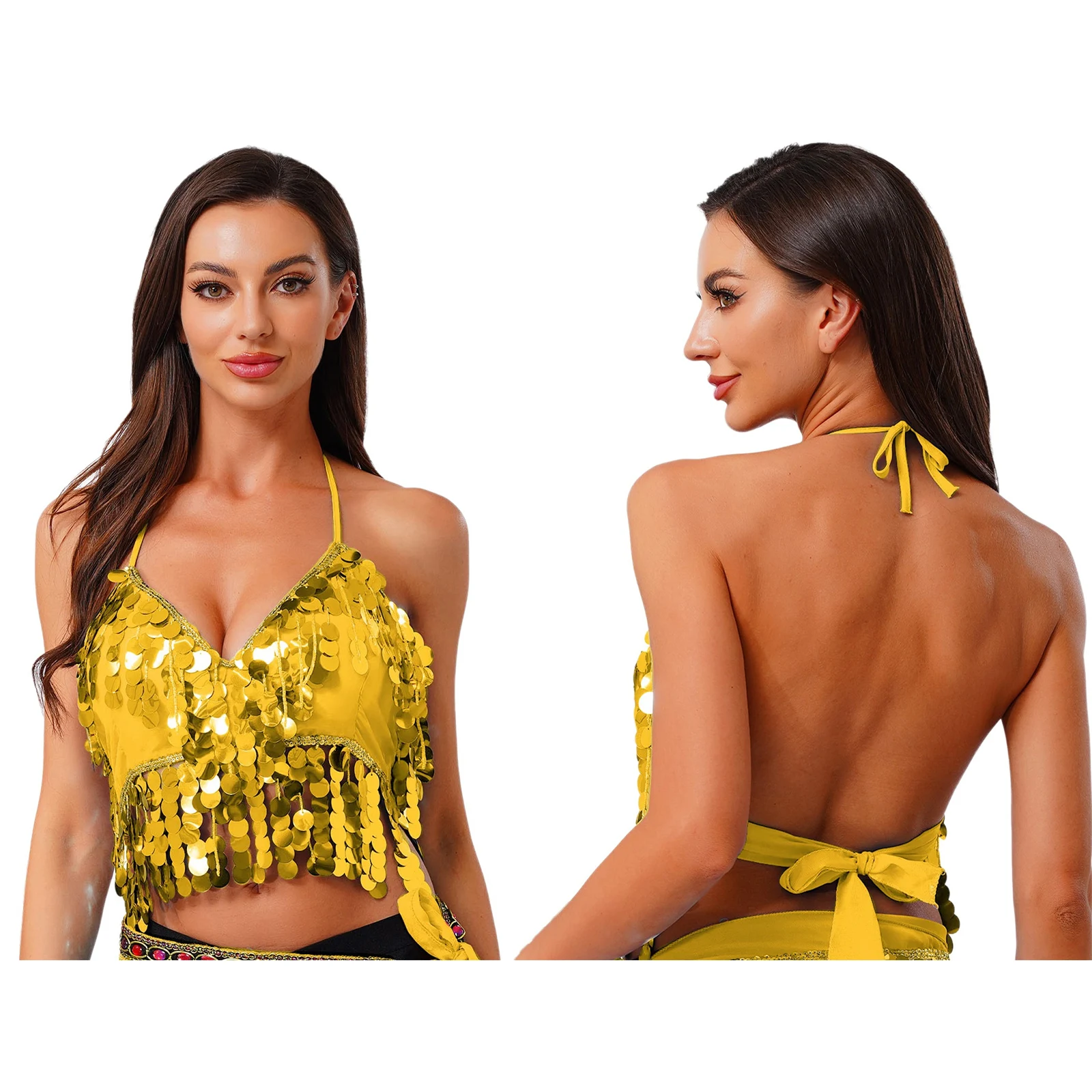 Frauen Sissy rückenfreie Bauchtanz-BH-Tops, Neckholder, Pailletten, Schnür-Unterhemd, Weste für Folk, indischen Bauchtanz, Performance-BH-Tops