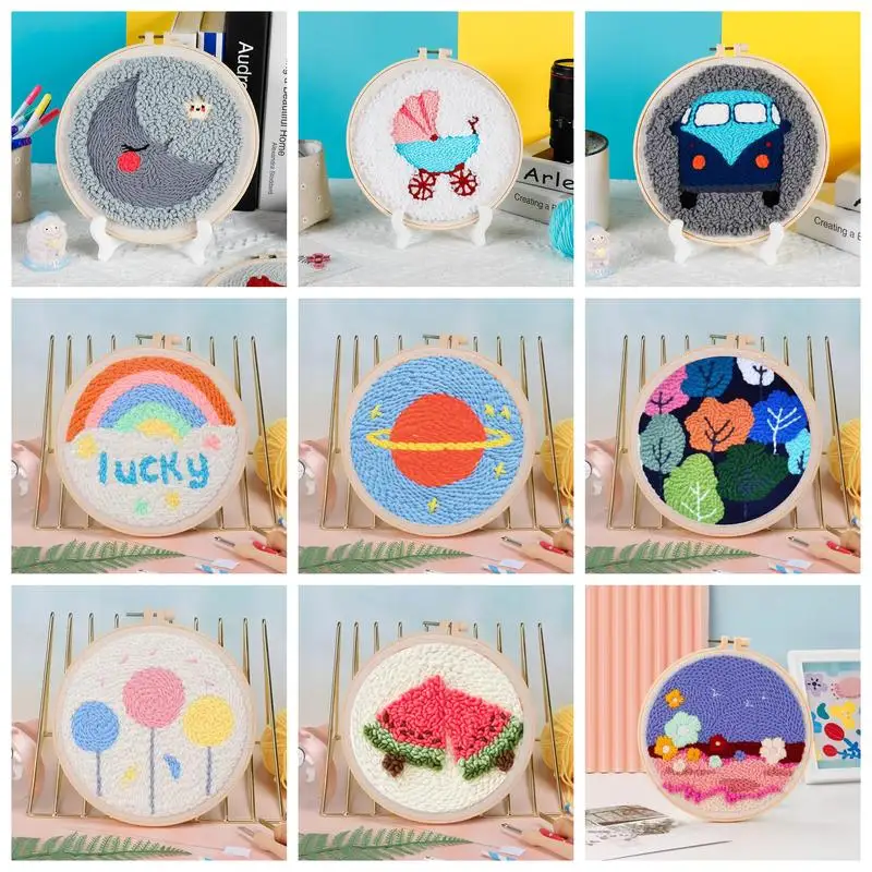 

CHENISTORY Cute Pattern Punch Needle Starter Kits Soft Yarn Punch Needle Embroidery Kit Easy Embroidery Wool Work Home Decor