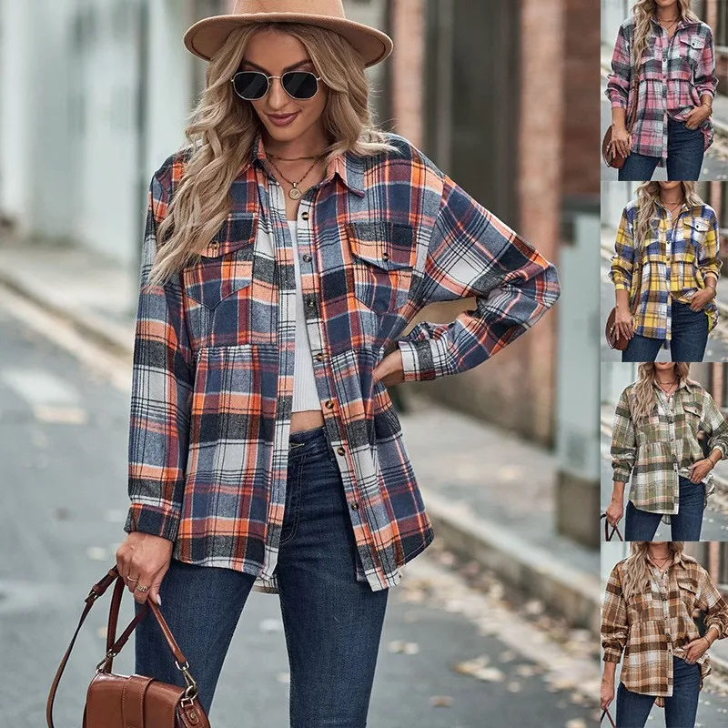 

Women Blouse Long Sleeve Plaid Shirt Lapel Collar Chest Pocket Button Down Shirt Orange Plaid Oversized Fit Casual Blouse