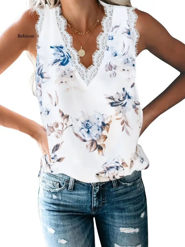 

Women's Sleeveless Chiffon Flower V Neck Lace Trim Tank Tops Casual Loose T-Shirts for Summer