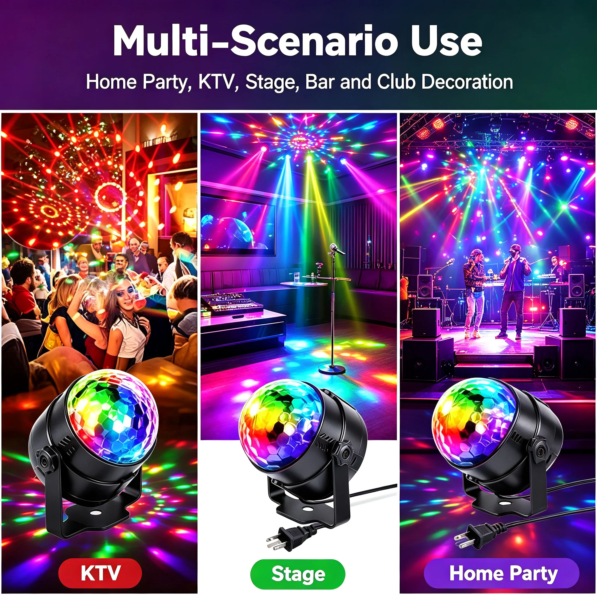 RGB Disco Ball Light, Sound Activated Rotating Party Stage Lamp with Remote