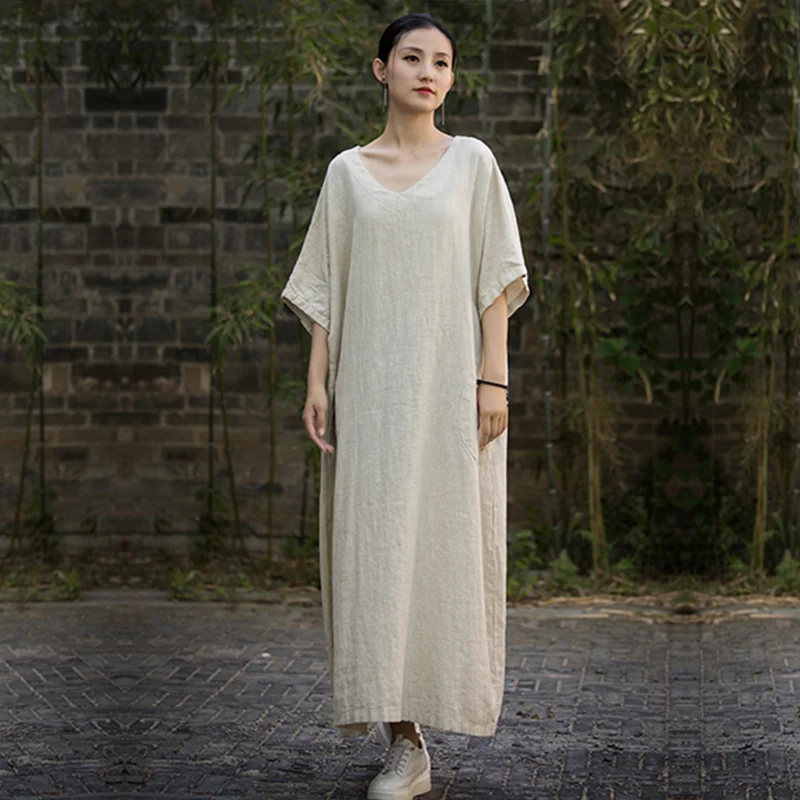 

short - sleeved Dress Long-Length Literature and Art Retro Spring Summer Cotton and Linen Loose Thin National Style