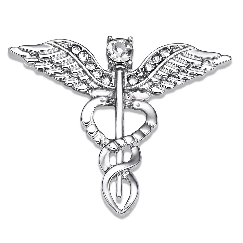 Wings Scepter Inlaid Zircon Medical Brooche Surgery Snake Crystal Jewelry Accessories Lapel Badge Rehabilitation Gift for Doctor