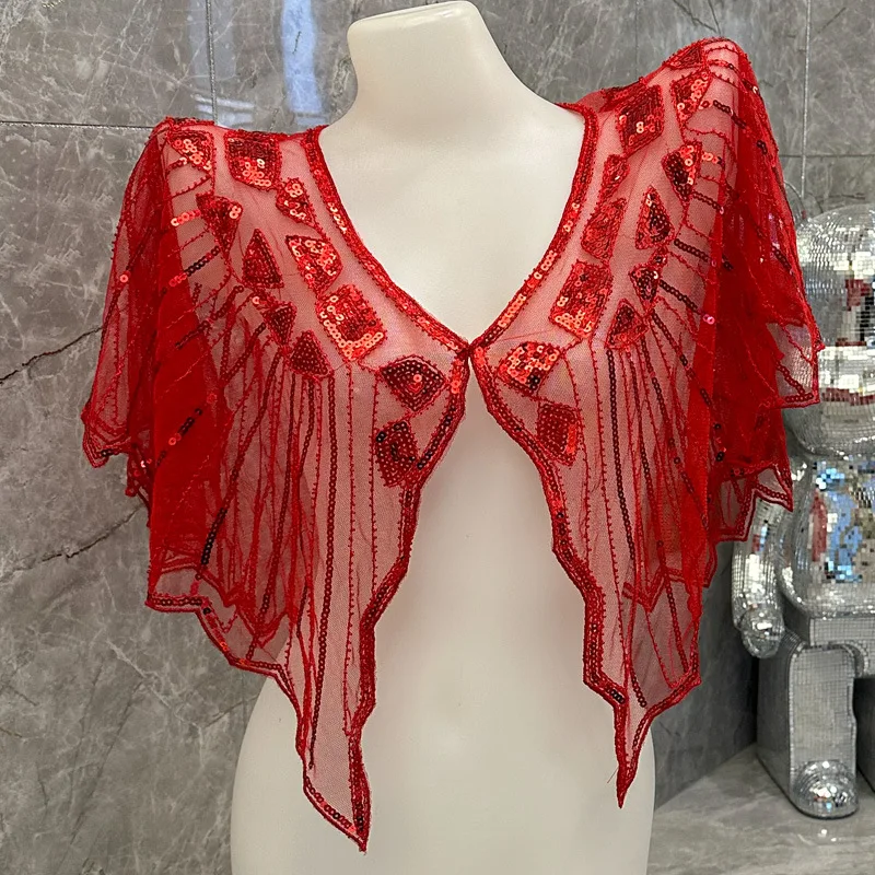 여성용 멀티 컬러 레트로 스팽글 페르시 숄 연회 이브닝 드레스 스몰 조끼 숄 레트로 스팽글 메쉬 스팽글 v 넥