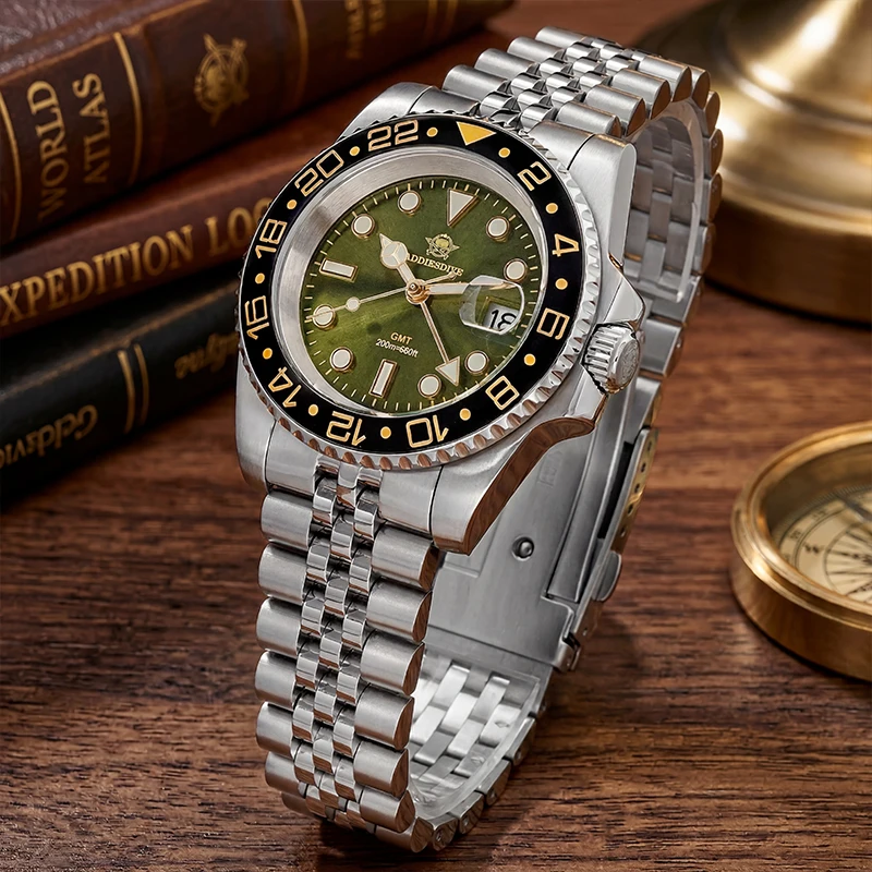 

ADDIESDIVE High Quality Watches for Men Dual Time Zone Quartz Watch Luxury Ceramic Bezel BWG9 Luminous 200m Waterproof GMT Watch