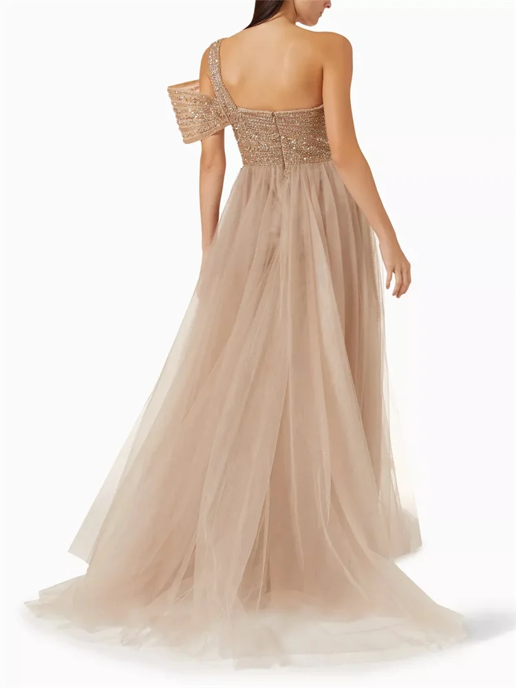 Customized Beaded Embellished Tulle Evening Gown Sleeveless One-shoulder Asymmetrical Neckline Diagonal Beaded Embellished Skirt