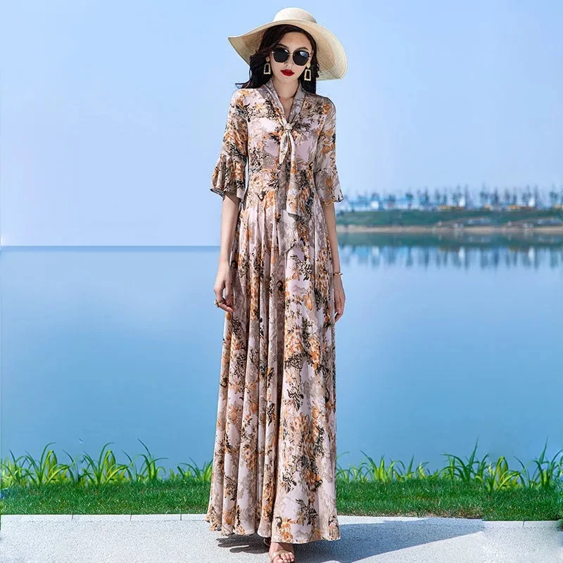 Long Printed Dress Women's 2024 New Autumn Chiffon Seaside Holiday Beach Dresses Female V-Neck Vintage Luxury Party Vestidos Y2K