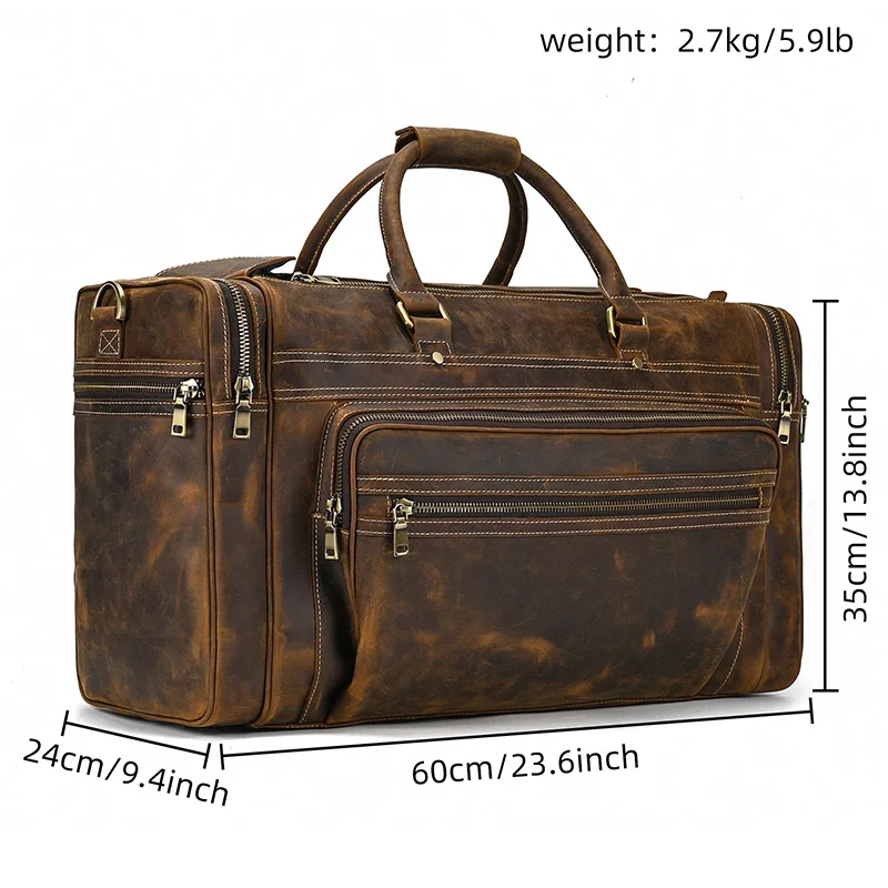 Exlarge – sac de week-end en cuir véritable de 22 pouces pour homme, sacoche de voyage Vintage en cuir de vache avec fermeture éclair, fourre-tout