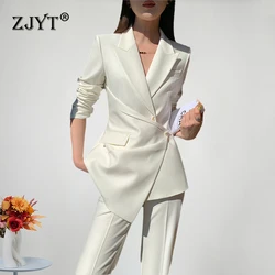 ZJYT Irregular Blazer Suits Pant 2 Piece Matching Sets Women Conjunto Para Mujeres Office Lady Formal Trousers Sets White Outfit