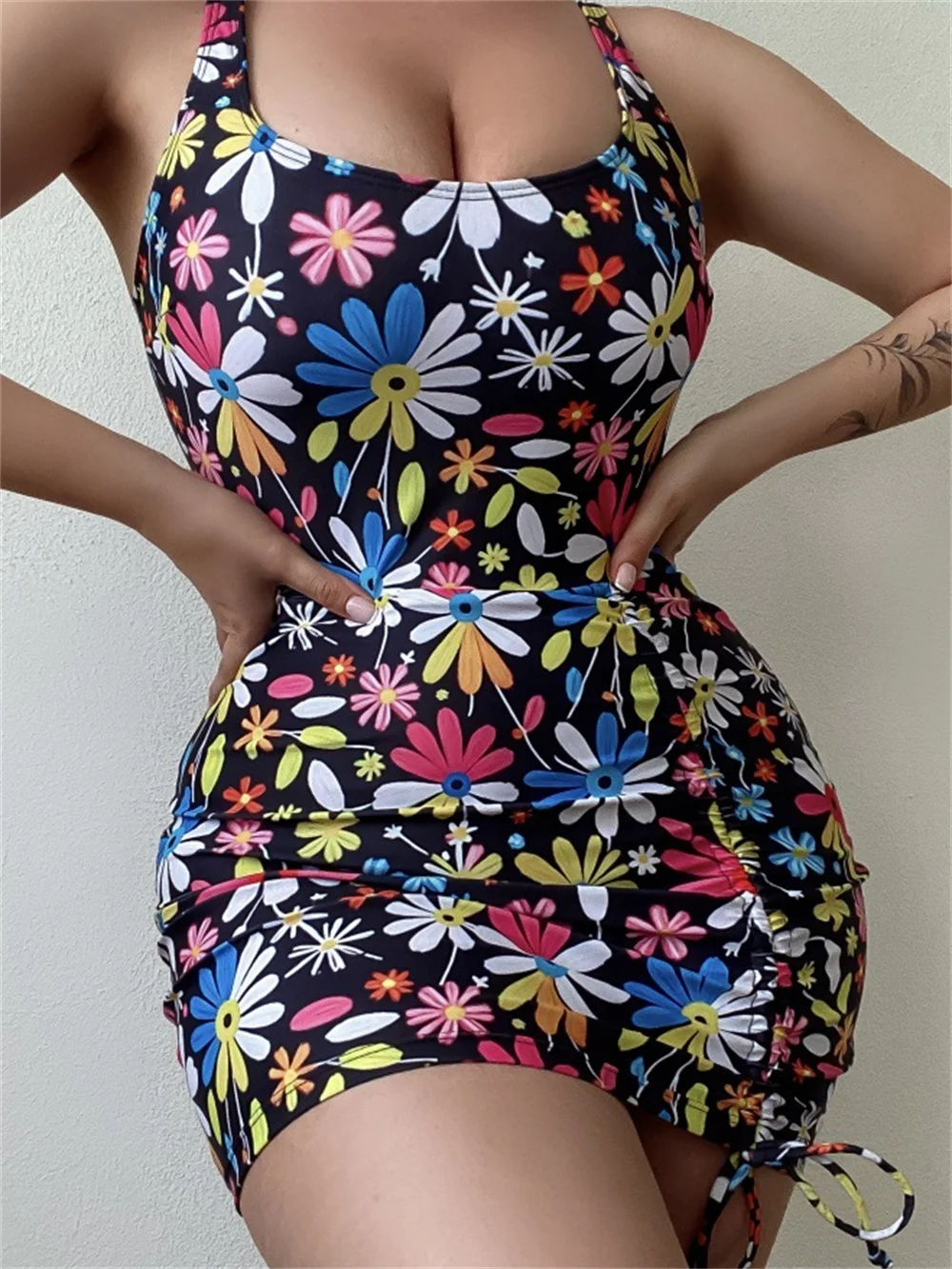 

Sexy Sling Bikini Dress Floral Y2K Push Up Swimsuit Drawstring Vacation Swimwear Women 1 Piece Beach Outfit Biquini Bathing Suit