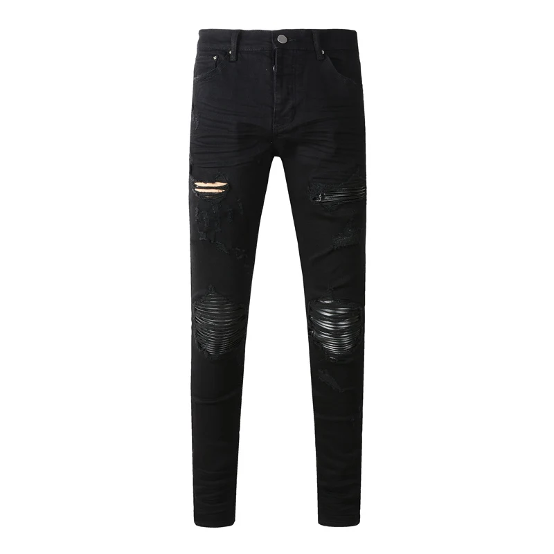 Designer High Street Fashion Black Stretch Slimming Washed Jeans with Leather Patch Hip Hop Brand Splicing Pants for Men