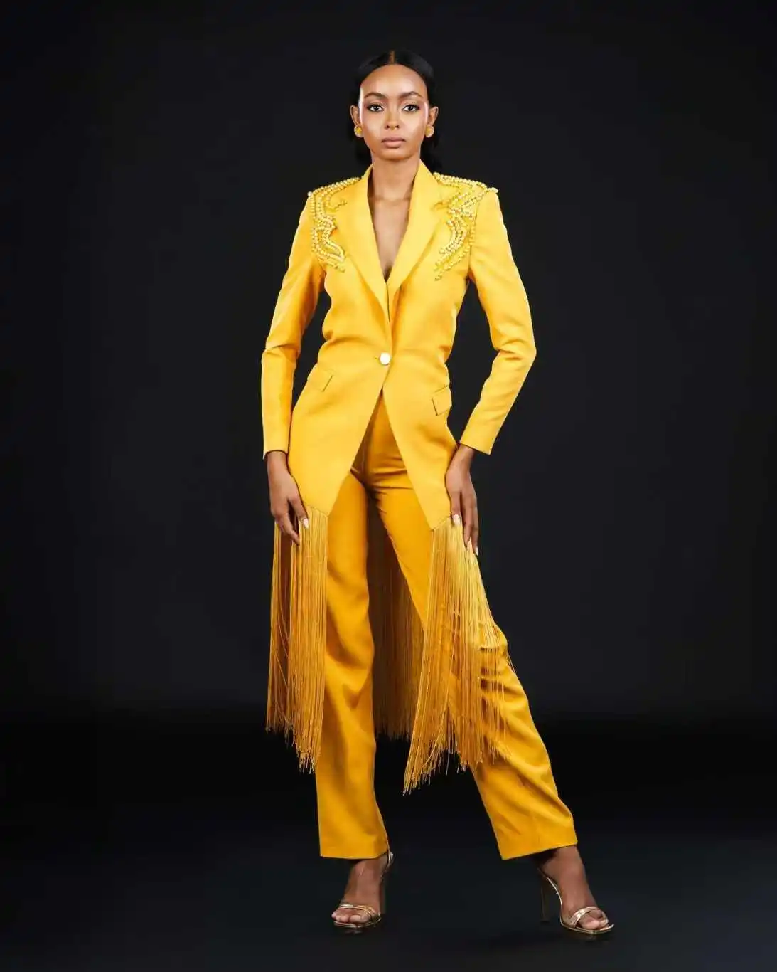 

Yellow Tassel Formal Women Suit Set 2 Piece Long Blazer+Pants Trousers Office Lady Jacket Customized Wedding Tuxedos Party Coat