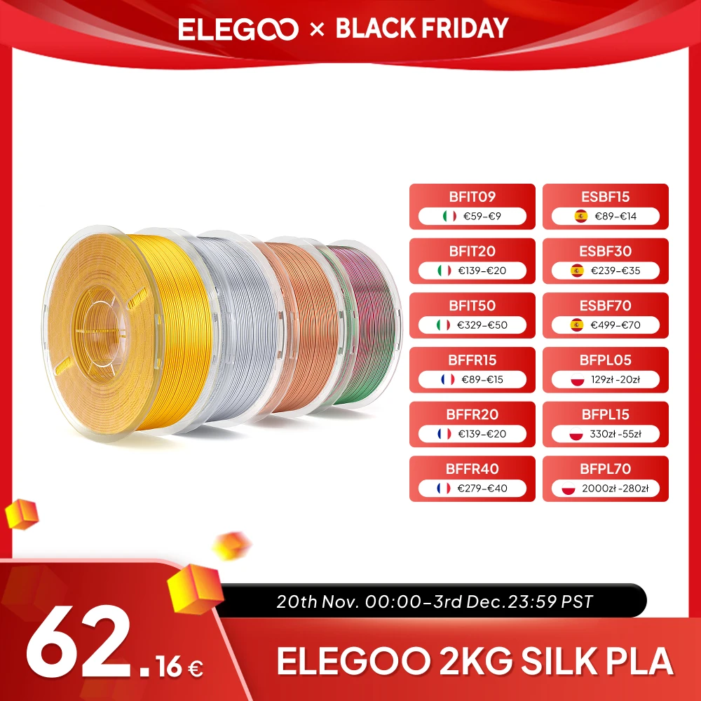 

ELEGOO 2KG Silk PLA Filament 1.75mm 3D Printer Filament for FDM 3D Printers Elegoo PLA for Elegoo Centauri Carbon