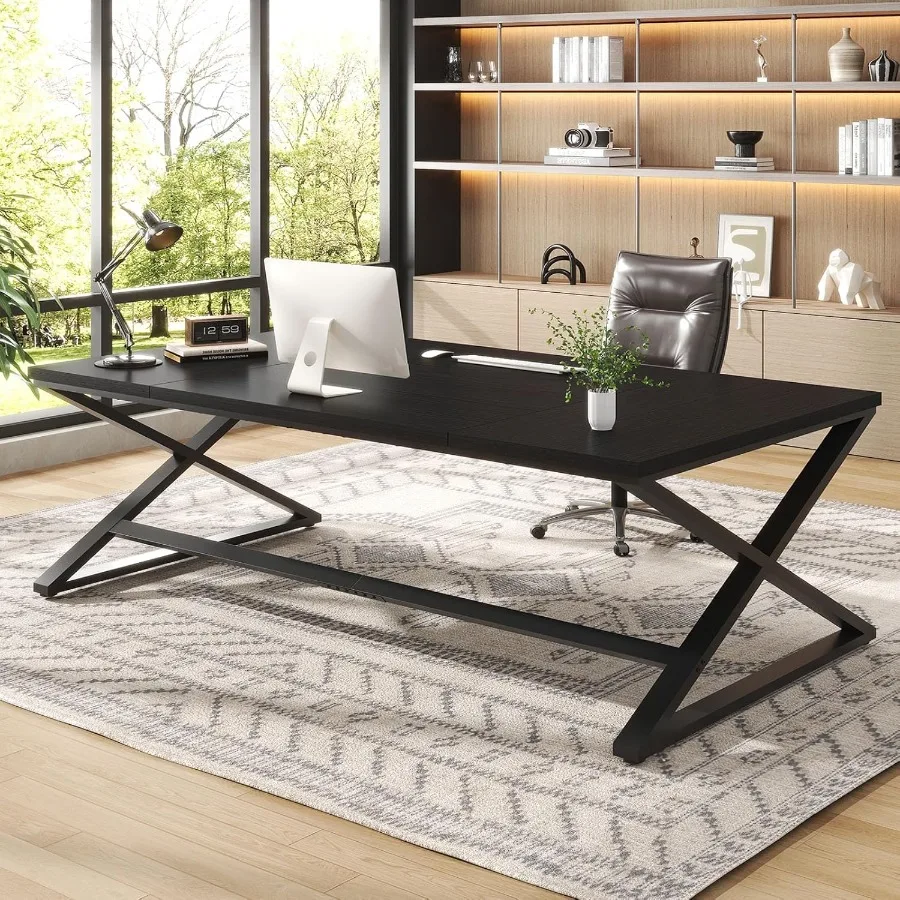 Black Desk Large Home Office Work Desk 78.7 Long Computer Desks Simple Wide Study Writing Desk Wood Metal Double PC Executive W