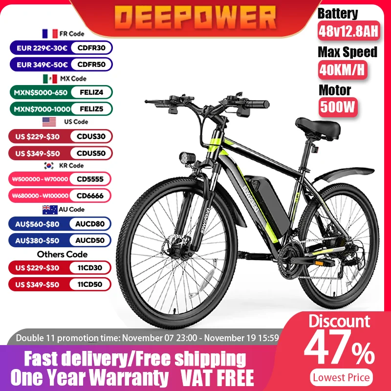 

DEEPOWER 500W Adults Ebike Electric Bike 48V 12.8AH Lithium Battery 26 Inch Fat Tire Electric E Bikes Mountain Ebikes