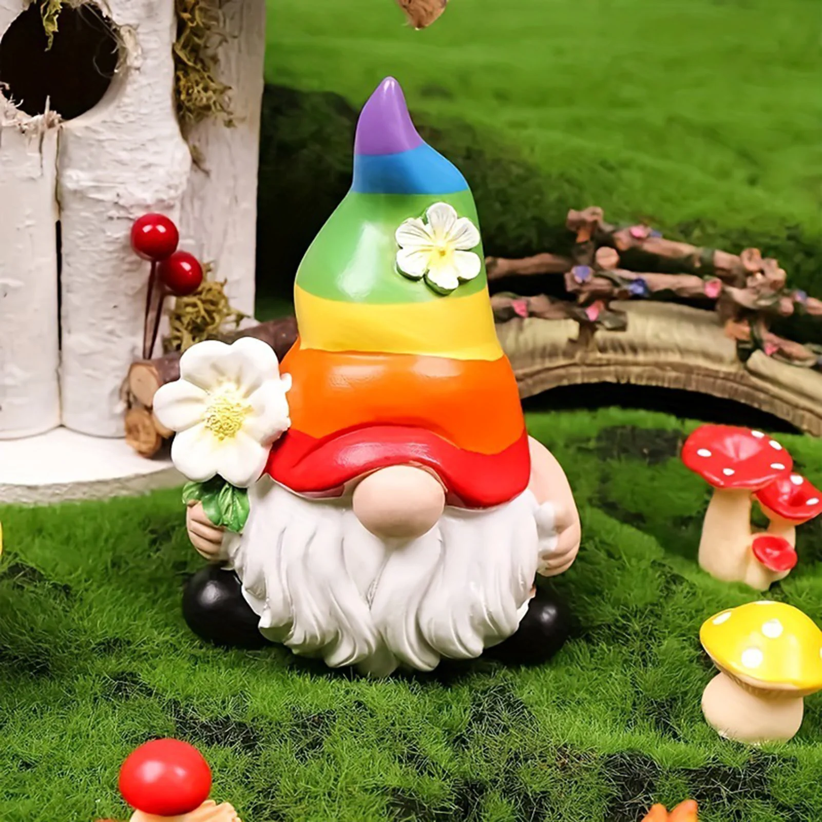 Garden Gnome Figurine with Rainbow Hat Miniature Ornaments Cute Mini Dwarf Planter Flowerpot Decor Accessories