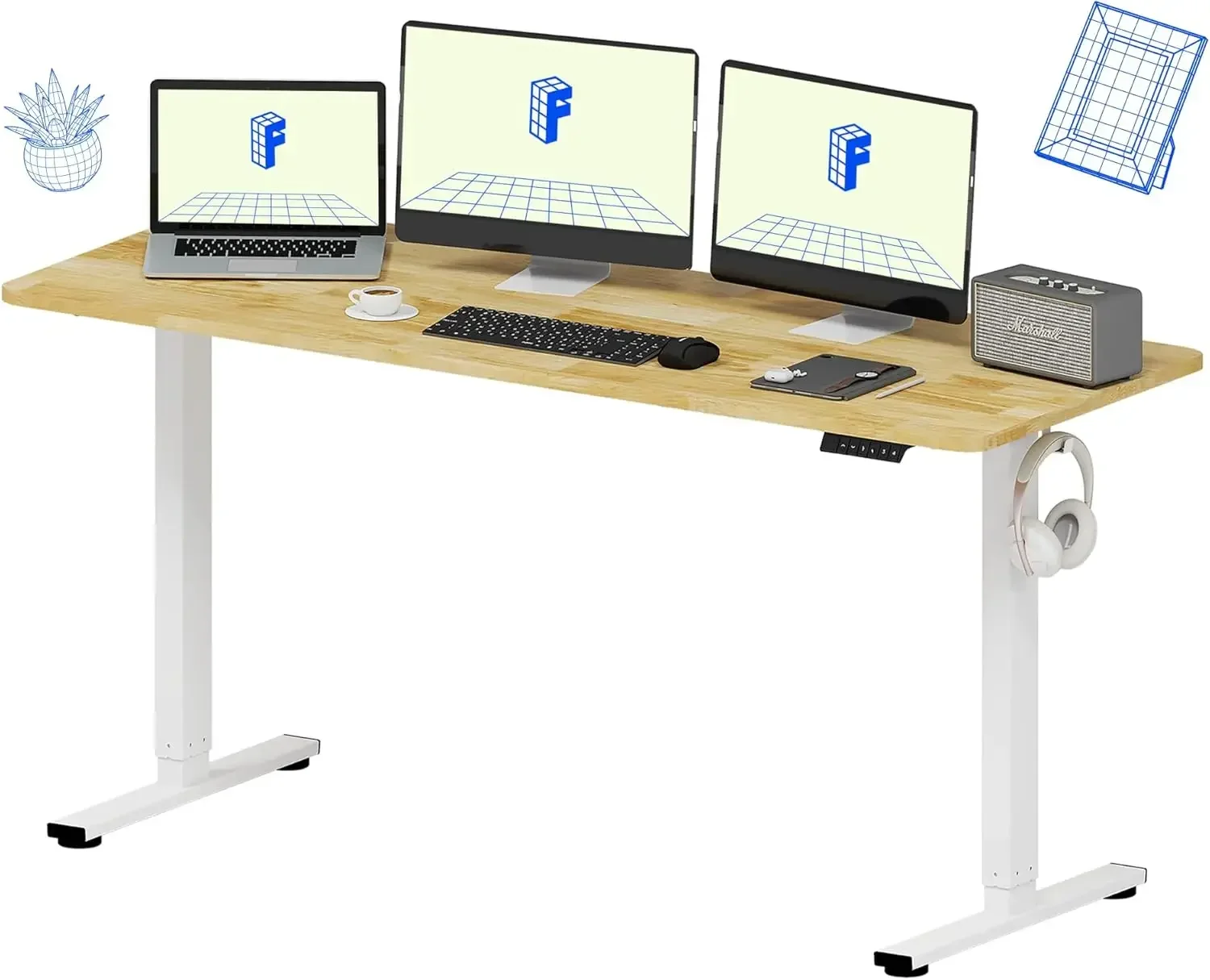 FLEXISPOT EN1 One-Piece Solid Wooden Standing Desk 63 x 24 Inches Height Adjustable Electric Sit Stand Home Office Desks (White