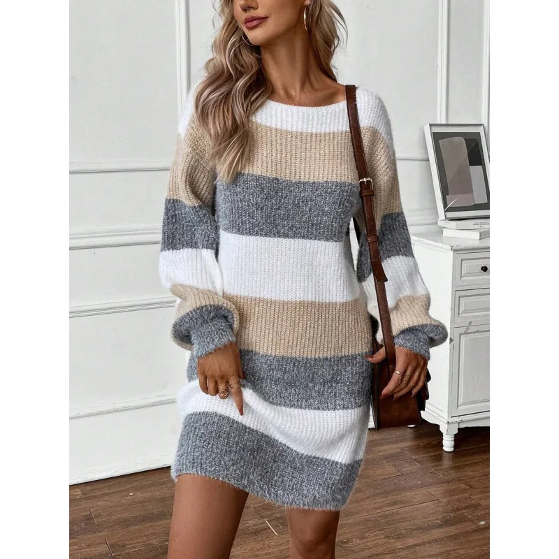 

Color Block Knit Dress Striped Collision Color Women's Sweater Spring 2026 Fashion Ladies' Premium Clothing Cross-Border