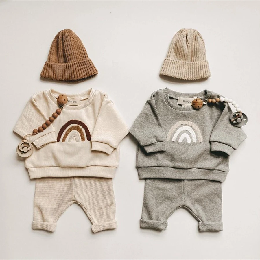 0-3Y Baby Boy Girl Clothes Set Newborn Infant  Outfits Waffle Rainbow Tops Pants Casual Clothing Autumn Spring