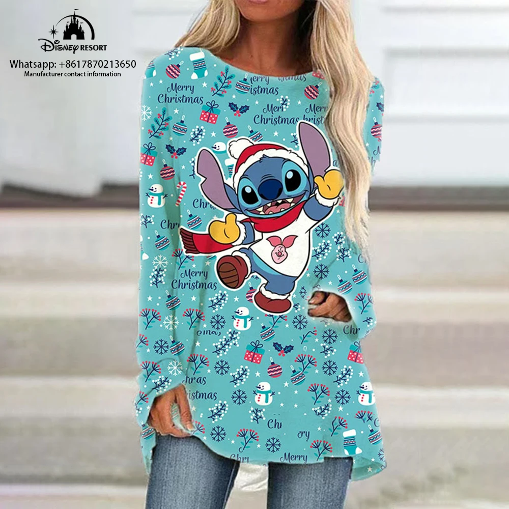 

Stitch Anime Christmas Fall New Women's Round Neck Loose Long Sleeve T Shirt Disney Fashion Casual Raglan Dress 2022