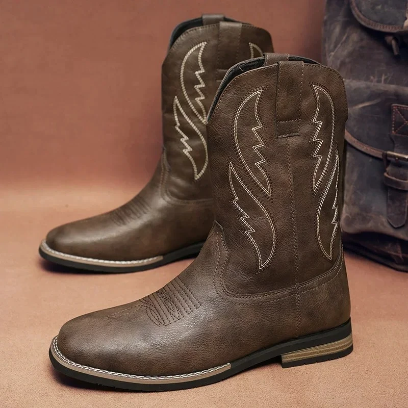Men's Classic Retro Western Cowboy Boots 2025 Mens Fashion Embroidery Mid-Calf Leather Boot High-top Casual Shoes for Men