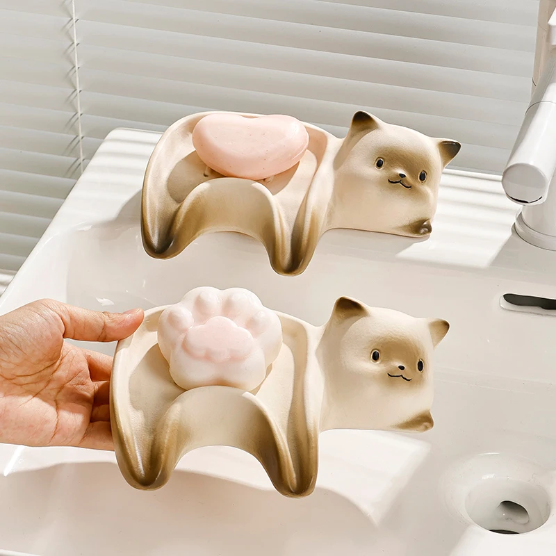 WHYOU Ceramic Cat Soap Dish Holder Drain Portable Home Bathroom Hotel Soap Box Tray Bathroom Accessories Crafts Gift