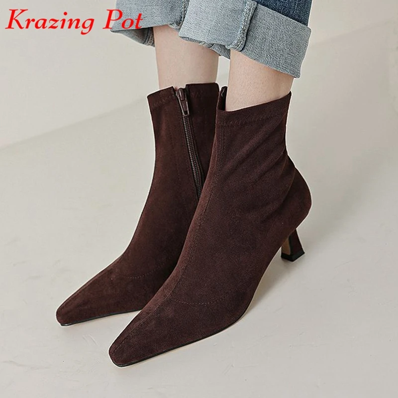 

Krazing Pot Flock Square Toe Med Heels Modern Boots Wedding Oriental Breathable Party Maiden Rage Stovepipe Zipper Ankle Boots