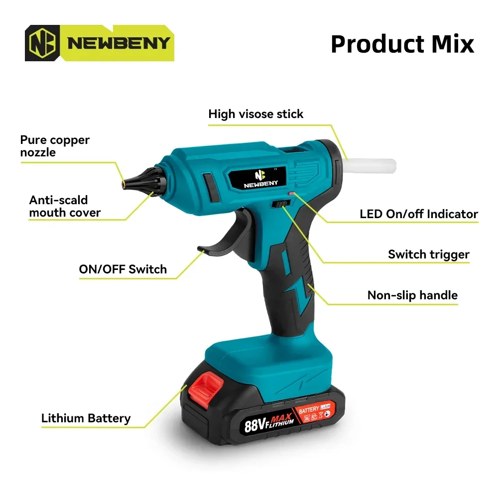 NEWBENY-Pistola de cola quente sem fio, 280 °C, recarregável, aquecimento rápido, cola em bastão de 11mm, reparo DIY, ferramentas elétricas para