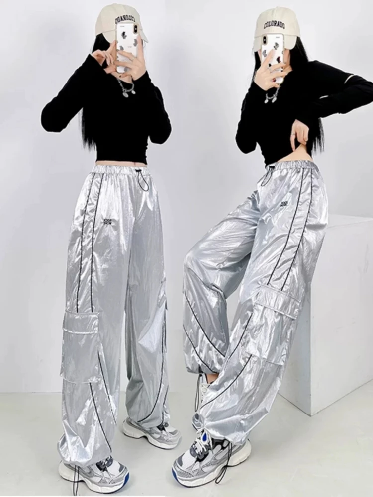 

Jazz Dance Pants Students Ankle Banded Trousers Costume Girl Hip Hop Street Cool Silver Shiny Dance Sports Pants Stock