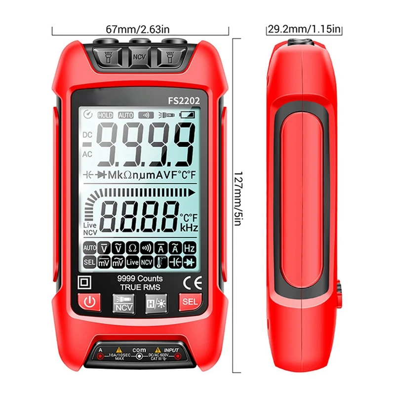 FS2202 Auto Range Digital Multimeter 9999 Counts TRMS AC DC Voltmeter Amp NCV Resistance Capacitance Transistor Tester