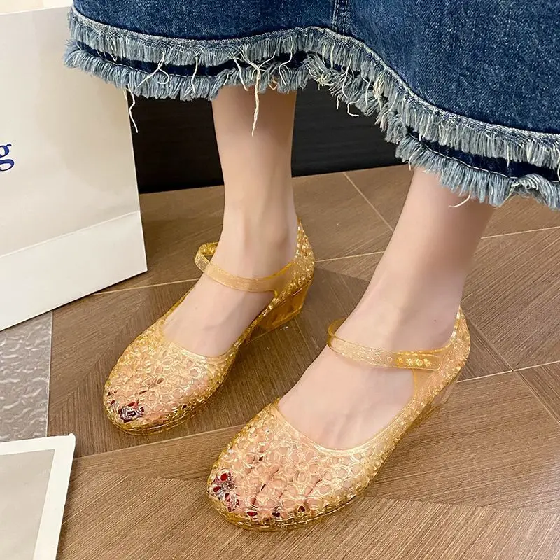 Charm Glitter Jelly Sandals Woman Sparkly Gold Princess Shoes Summer Cut-outs Lightweight Mary Janes Shoes