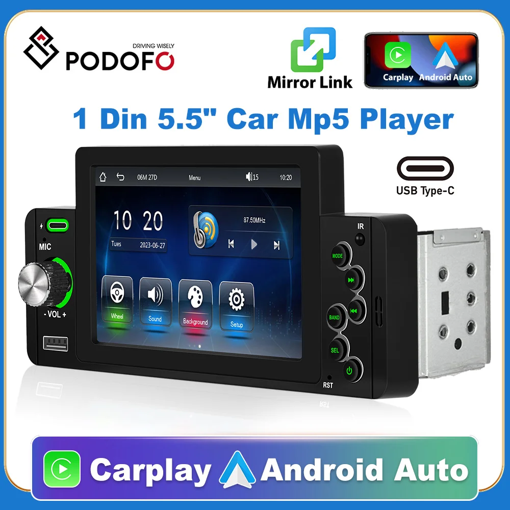 

Podofo 1 Din 5" CarPlay Radio Car Stereo Bluetooth MP5 Player Android Auto USB FM Receiver Audio System Head Unit