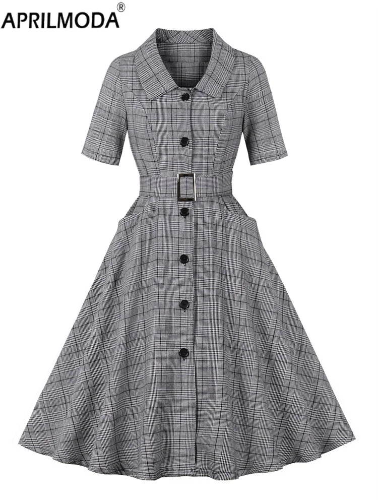 Sukienka damska w stylu retro Hepburn, jednorzędowa, z kieszenią, kołnierzykiem w stylu lat 50., szara koszula w kratę, sukienka biurowa codzienna.