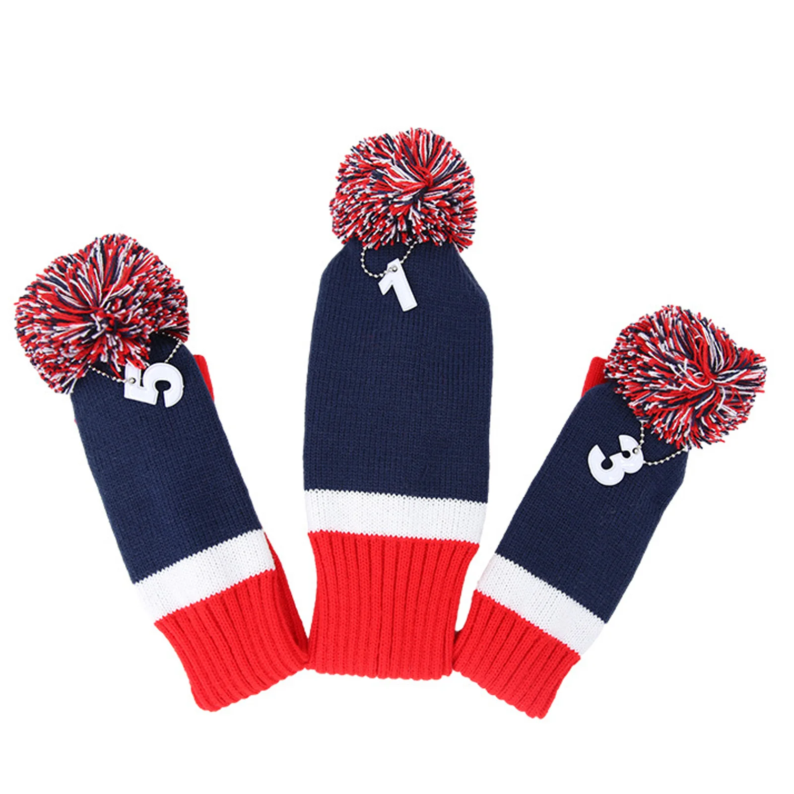 Blue Red 3Pcs/Set Golf Club Knitted Cover Color Block Long Style Head Covers with Pom-Pom and Number Tag for Woods view 2