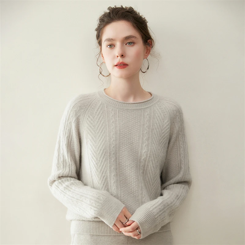 New Chic Women 100% Cashmere Sweater Cable Knit Curl O-Neck Pullover Shirt Autumn Winter Soft Thick Warm Bouse Woman Top Clothes