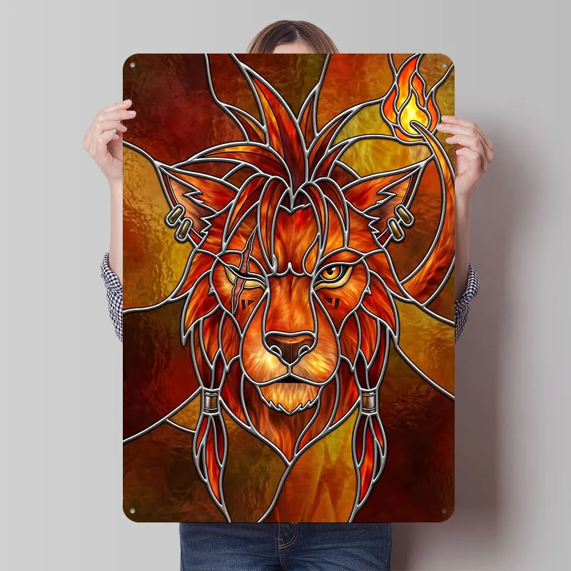 Fantasy VII: Red XIII Buntglas-Druckposter, personalisierte Retro-Wandkunst, Vintage-Metallschilder für Wohnzimmerdekoration