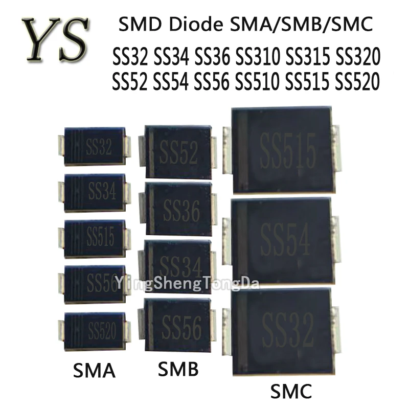 50PCS SS32 SS34 SS36 SS310 SS315 SS3150 SS320 SS52 SS54 SS56 SS510 SS515 SS5150 SS520  SMA SMB SMC Schottky SMD Diode