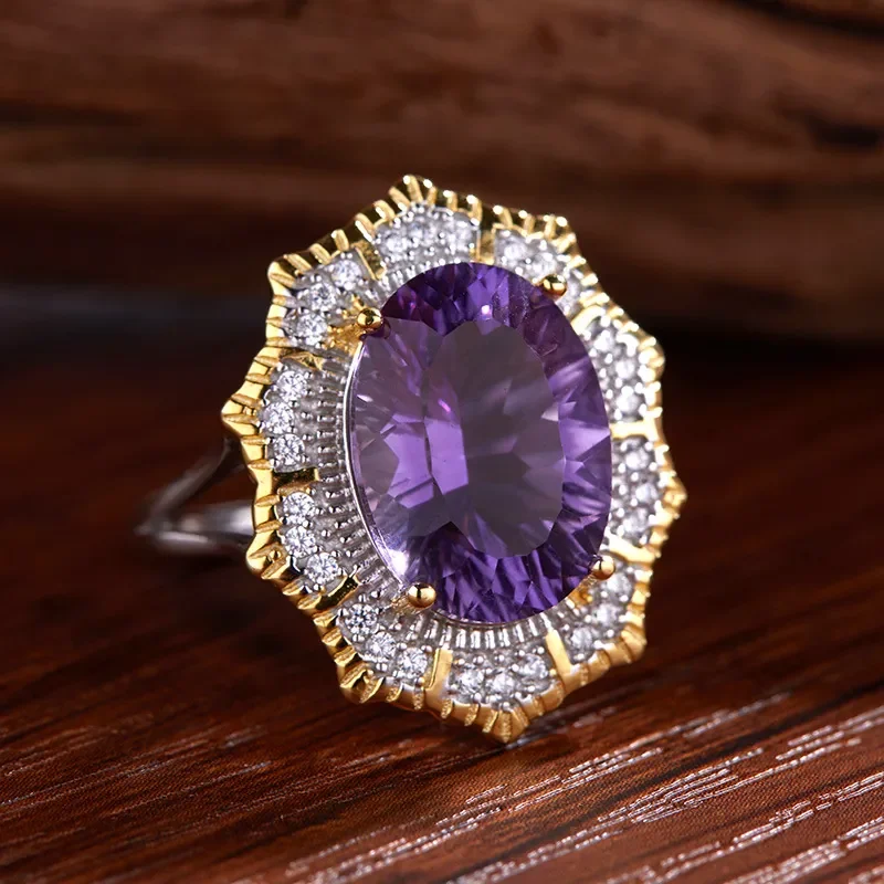 Customized S925 sterling silver natural amethyst malachite colored treasure ring, women's personality advanced sense,