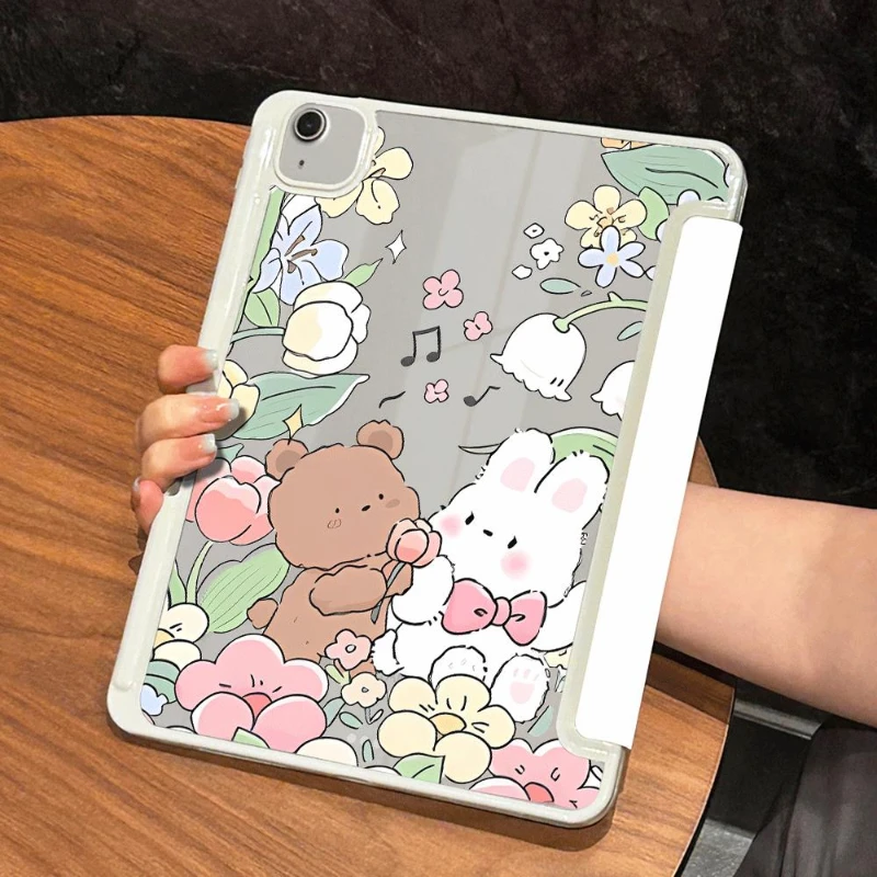 Tablet Cover for IPad Air 4 10.9 2020 Air 5 2021 10.2 7/8/9 Generation IPad Pro 11 2022 Air 2/3 10.5 Pretty Flower Bunny Print