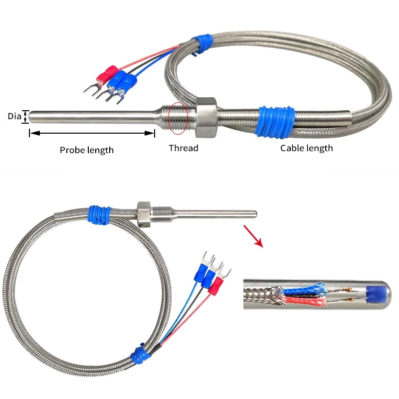 PTFE Silver Plated Cable Pt100 Pt1000 Temperature Sensor Platinum Thermistor U Shape Type Terminals Waterproof Temperature Probe