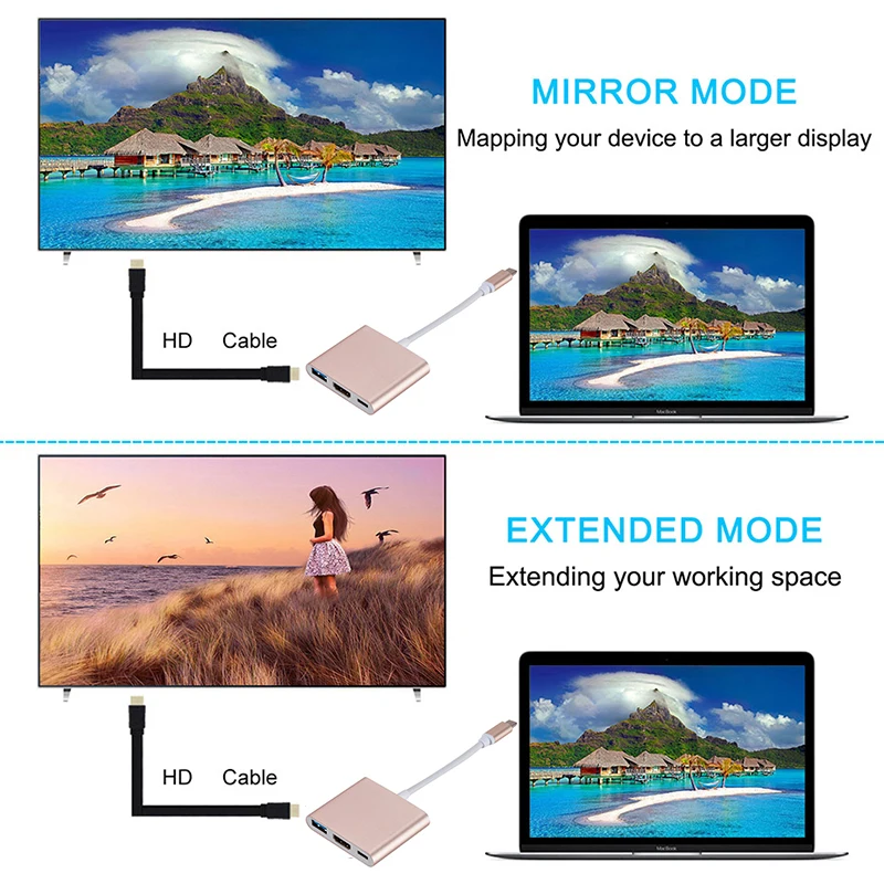 3 в 1, адаптер с портом Type-C на HDMI, 4K, 2K, USB 3,0, OTG, зарядный адаптер, аудио-и видеокабель, USB-концентратор, USB C 3,1 для Macbook, XIAOMI