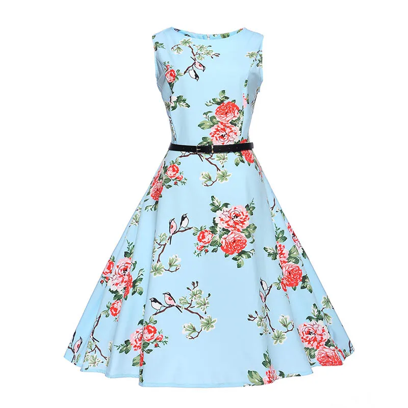 Casual Floral Print Retro Vintage Dresses Women Summer Sleeveless High Waist Elegant Office Ladies Party Sundress