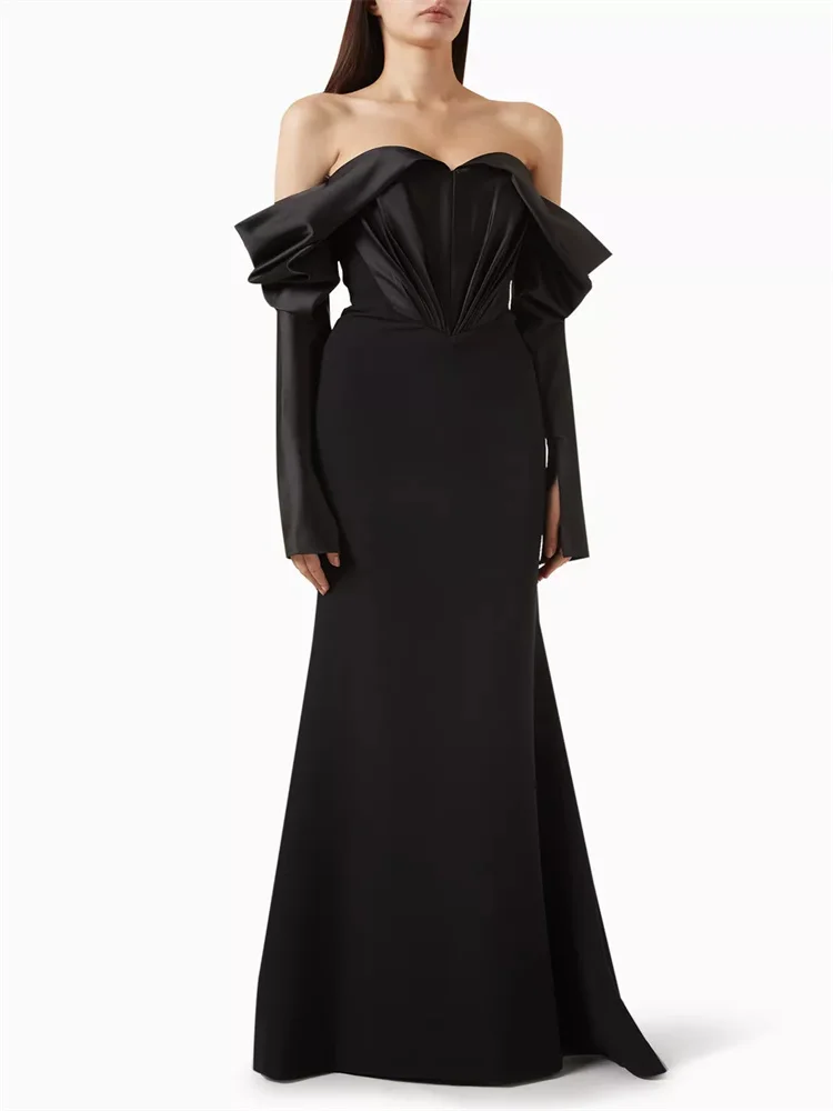 

Customized Off-Shoulder Neck Draped Sleeves Satin Sleeves Evening Dress Elegant Back Zipper Floor Length Gown For Women 2025