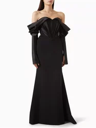 Hot Selling Off-Shoulder Neck Draped Sleeves Satin Sleeves Evening Dress Elegant Back Zipper Floor Length Gown For Women 2024