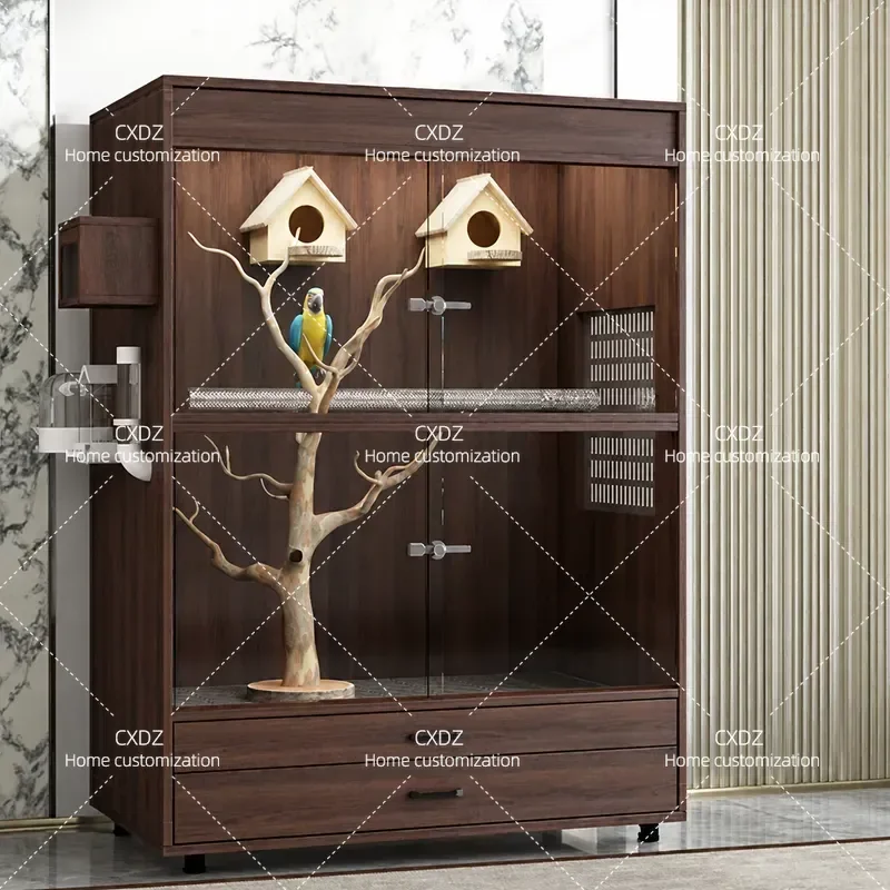 Parrot Bird Cage Villa Large Luxury Wooden Bird Cage Feather-proof Powder Villa Pet Cage Splash-proof Customized Bird Cabinet
