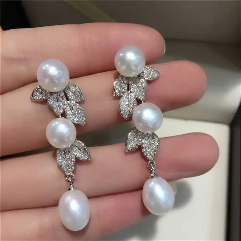 

High end atmosphere earrings AAA 8-9mm natural white South Sea pearl micro inlaid zircon earrings 925s